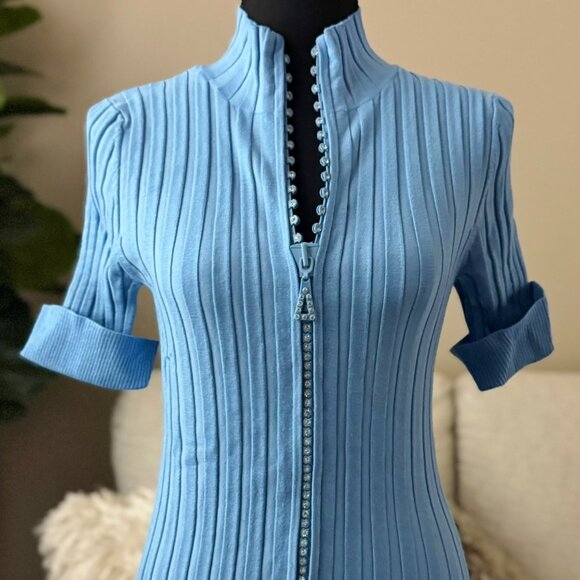 Belldini Sexy Blue Rhinestone Crystal Zipper Mock Neck Collared Shirt S M Y2K - Picture 1 of 6